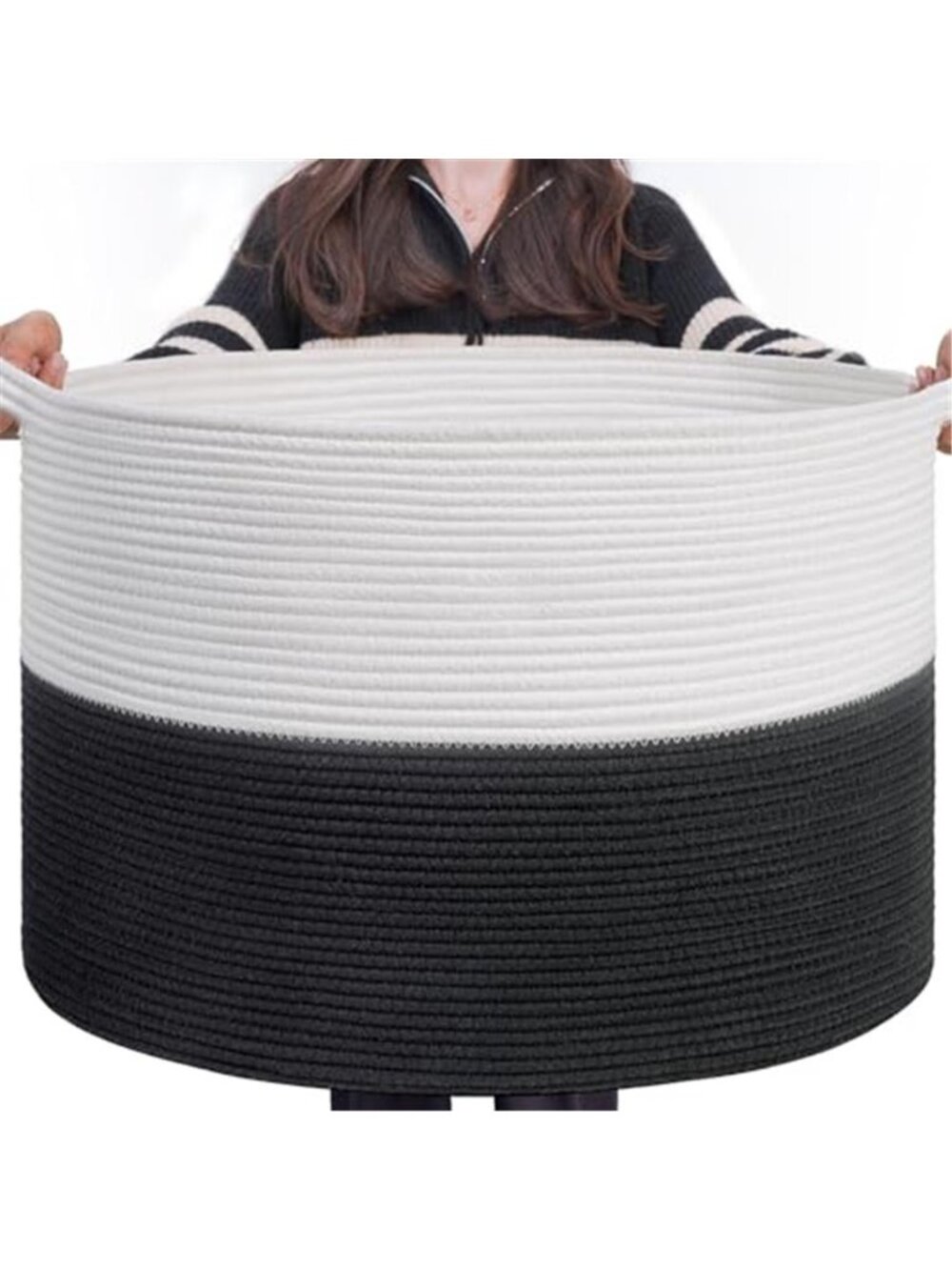 New XXXLarge Woven Rope Blanket Basket Living Room White Black, 90L